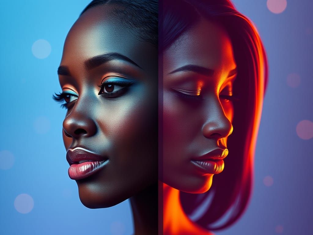 Confident and Doubtful Black Lady Portrait in Vibrant Gradie...