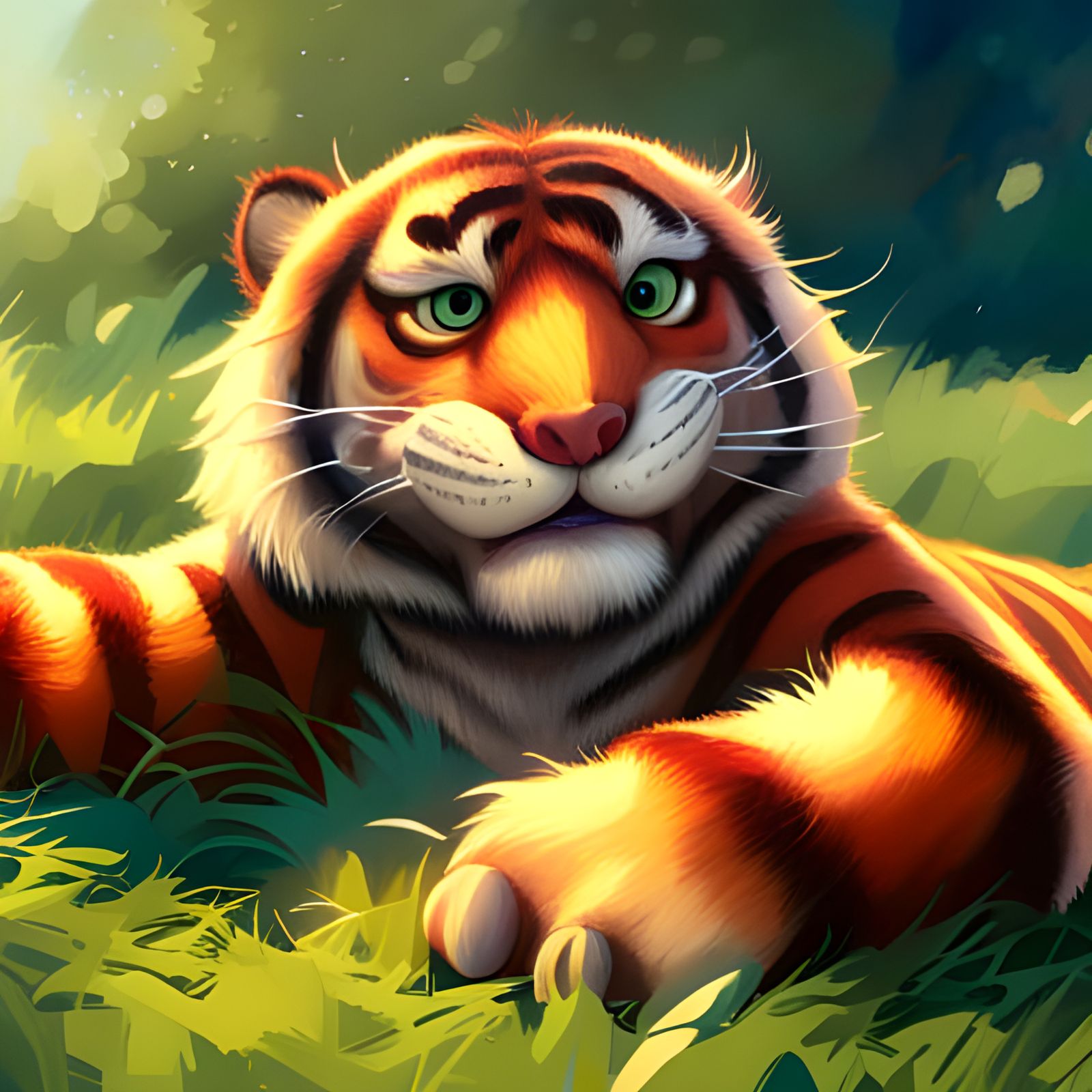Smiling Fluffy Tiger in Disney Pixar Style