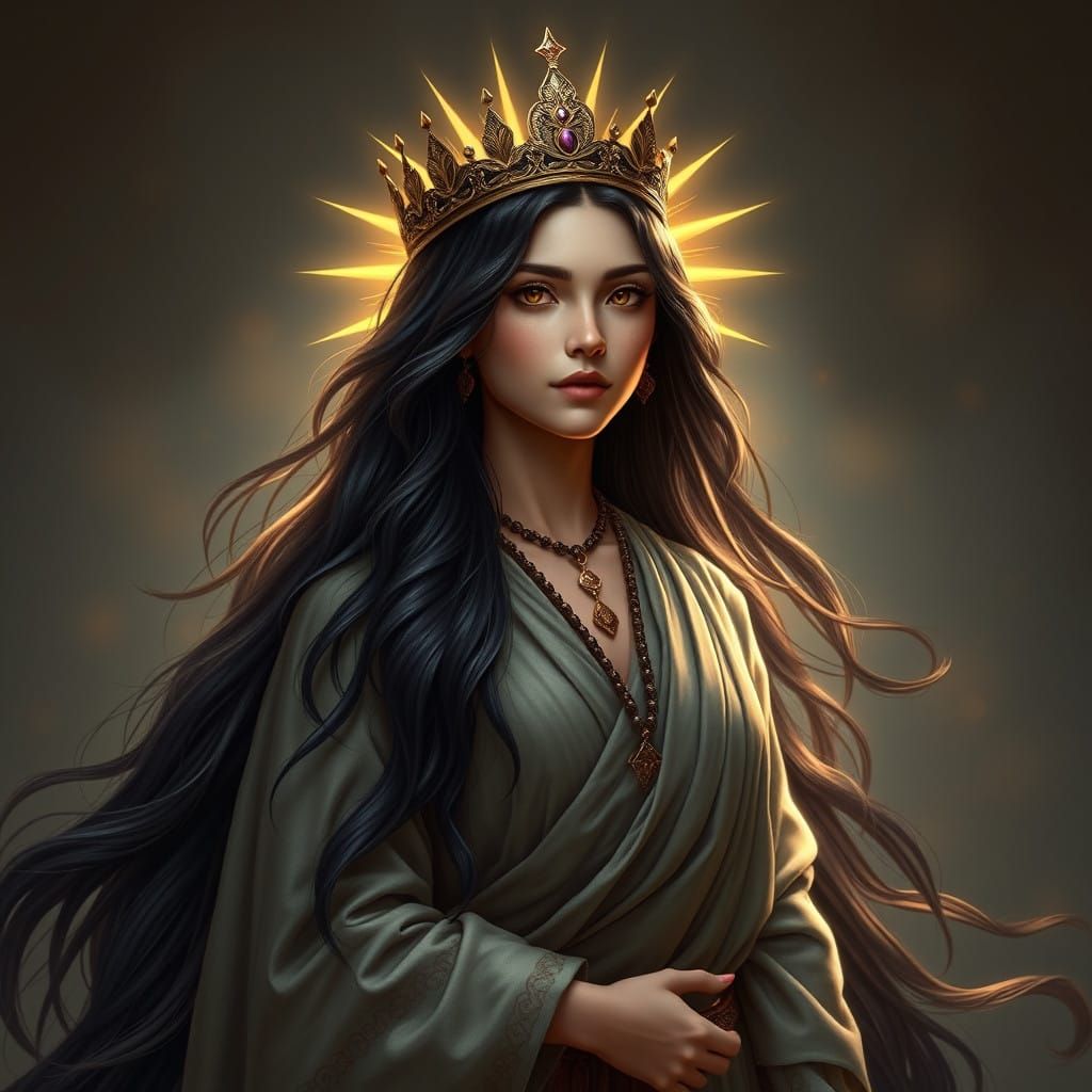 Elegant Fantasy Queen with Radiant Crown and Dark Hair
