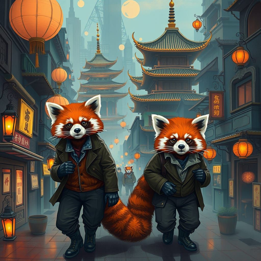 Red Pandas in Surreal Cityscape with Glowing Lanterns