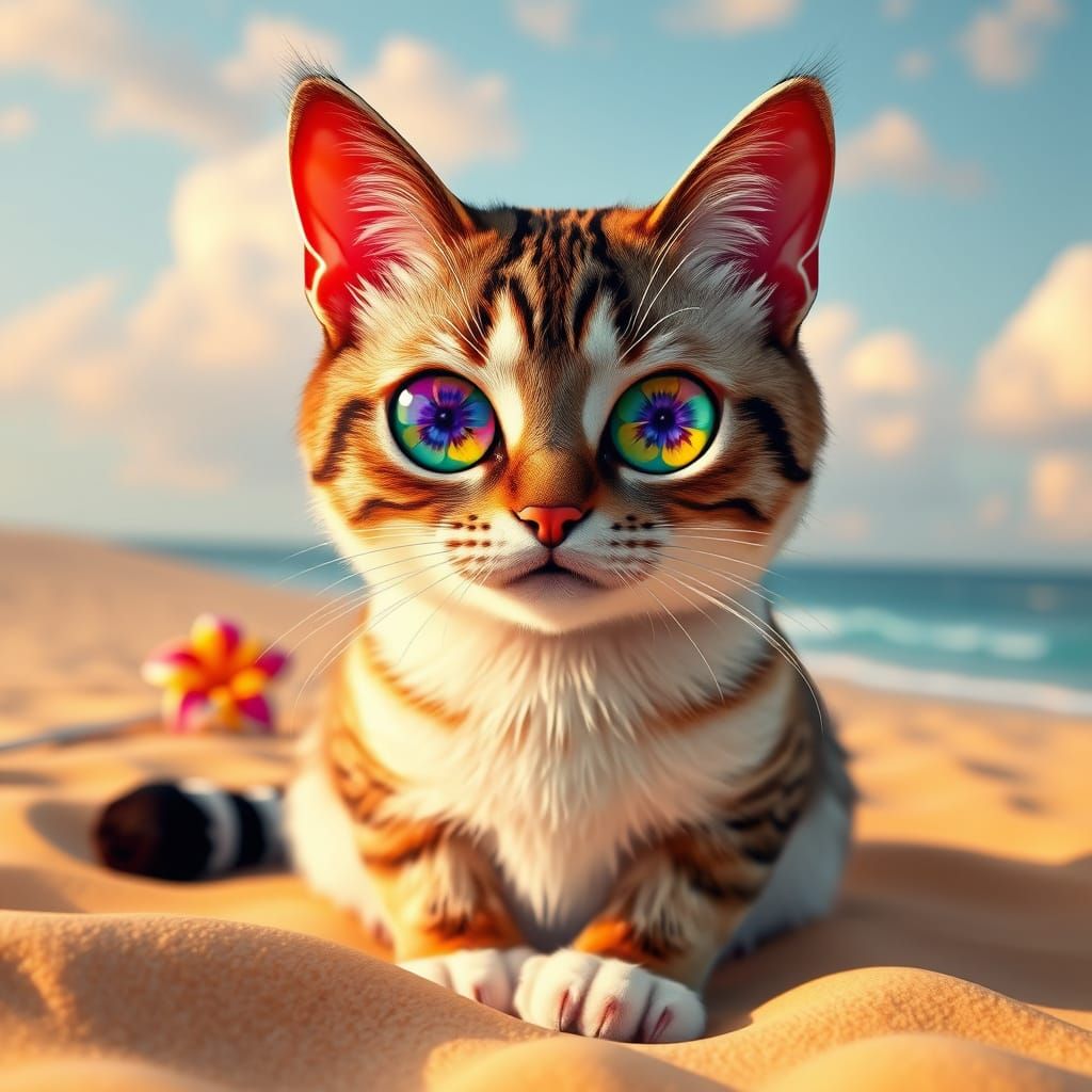 Regal Beach Cat in Vibrant Dreamlike Scene