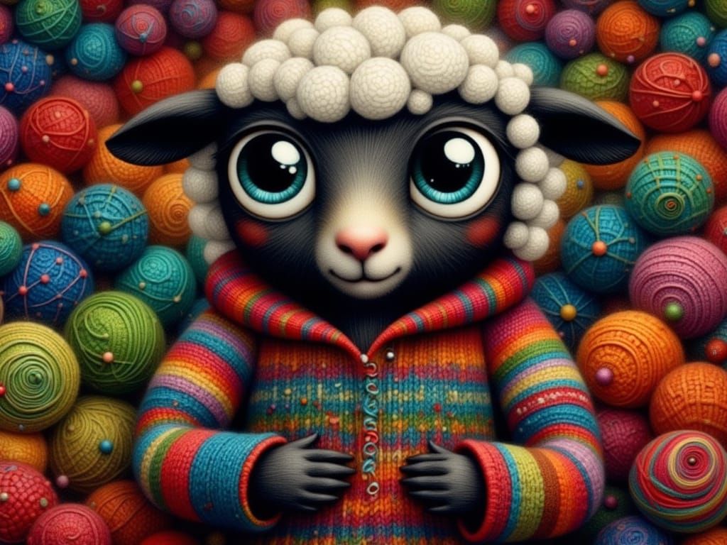 Whimsical Sheep Knits Colorful Sweater in Storybook Style