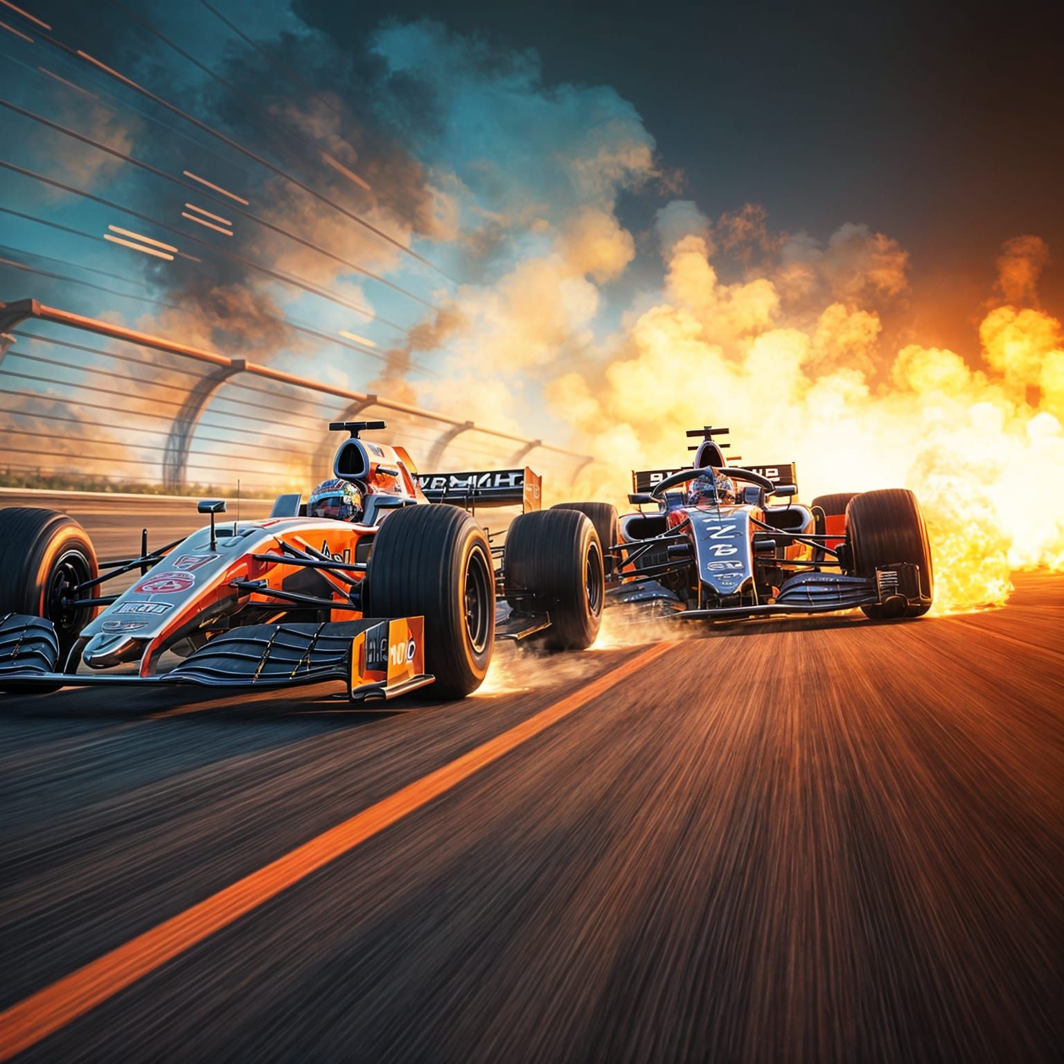 Vibrant F1 Cars in a Dramatic Drag Racing Scene