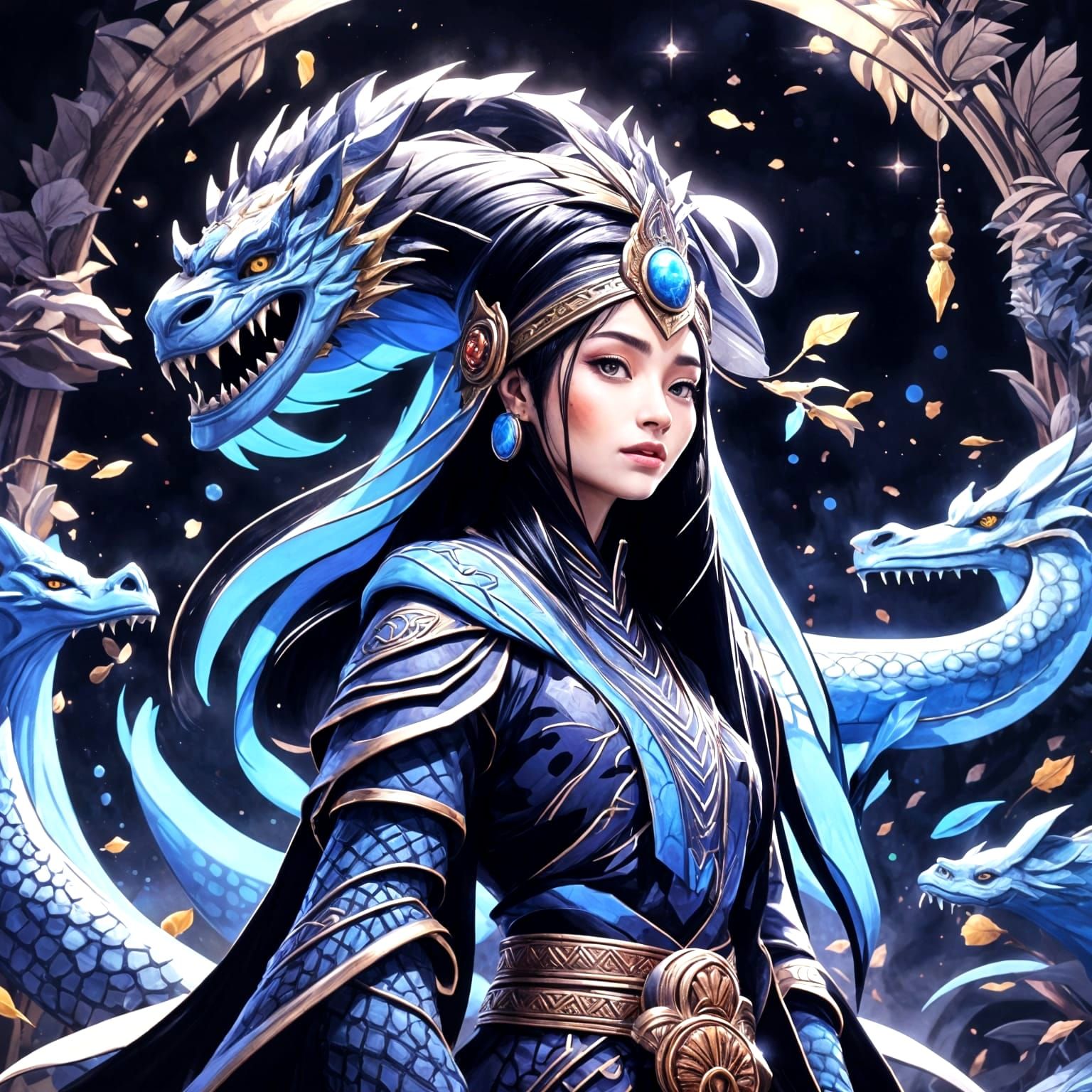 Teenage Girl, Sword, and Black Dragon Fantasy Art