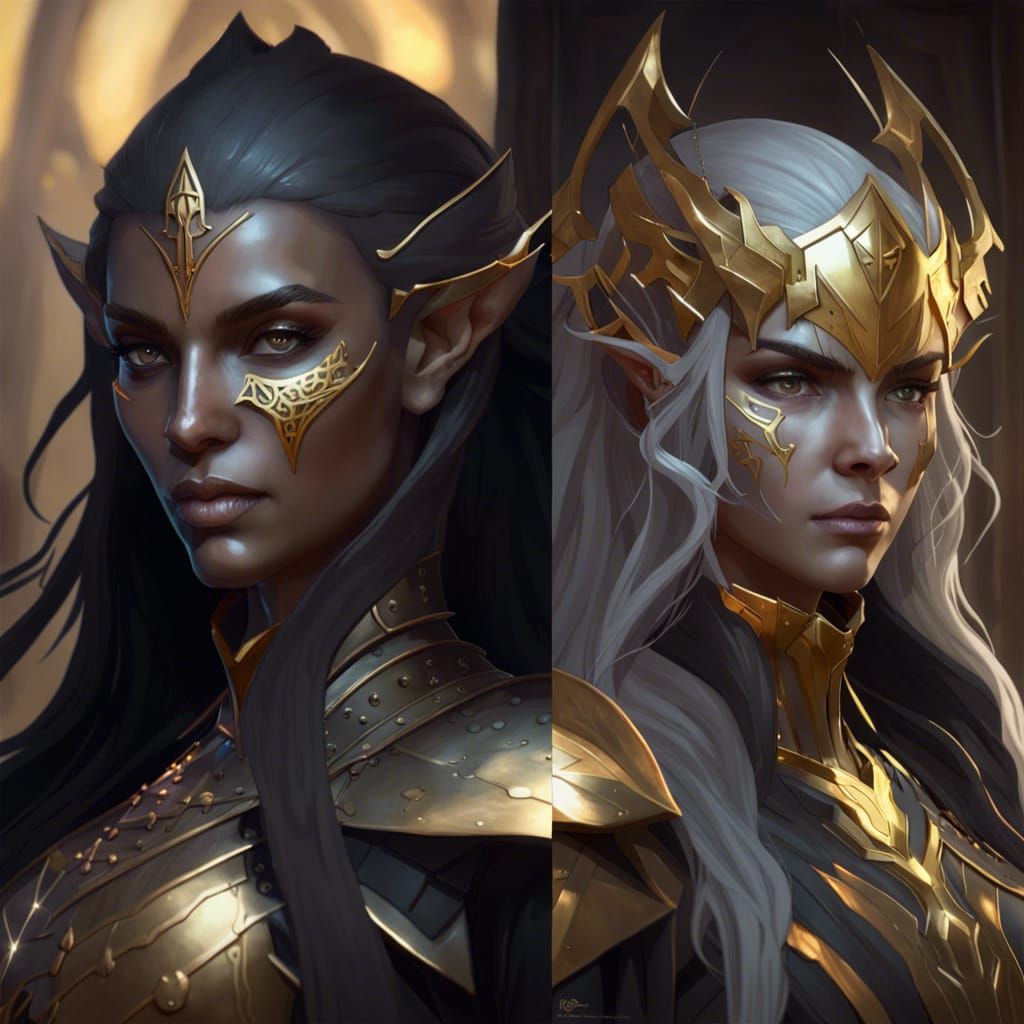 High Elf vs Dark Elf in Ancient War, Detailed Portrait