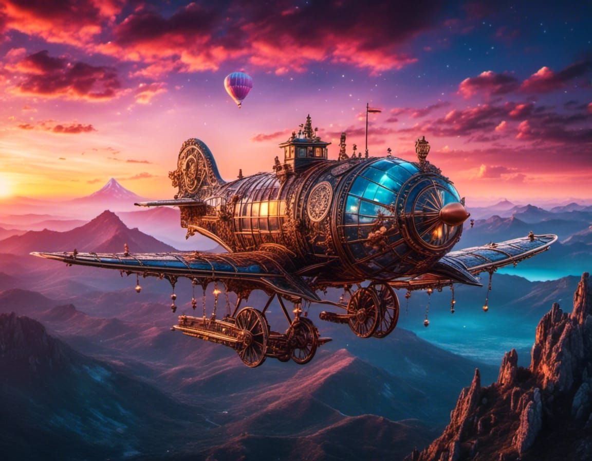 Steampunk Airplane Flies Over Landscape at Magic Hour