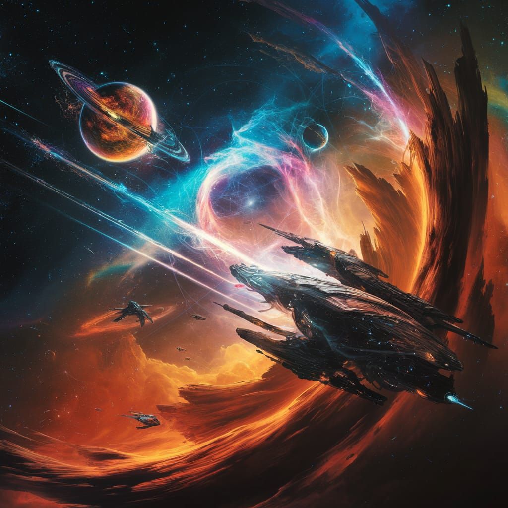 colorful space, starships, swirling nebulas, glowing planets...
