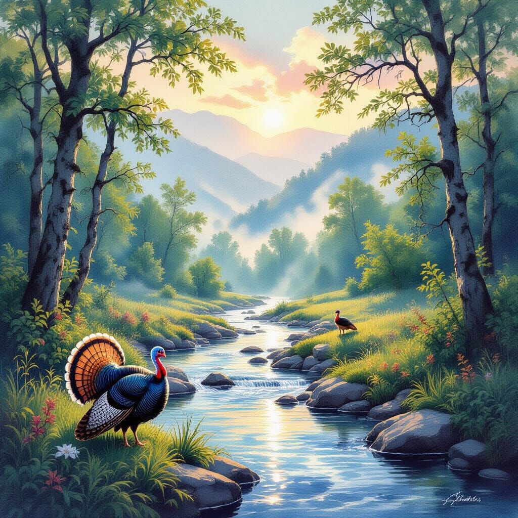 Smokey Mountains Landscape with Turkey and Stream