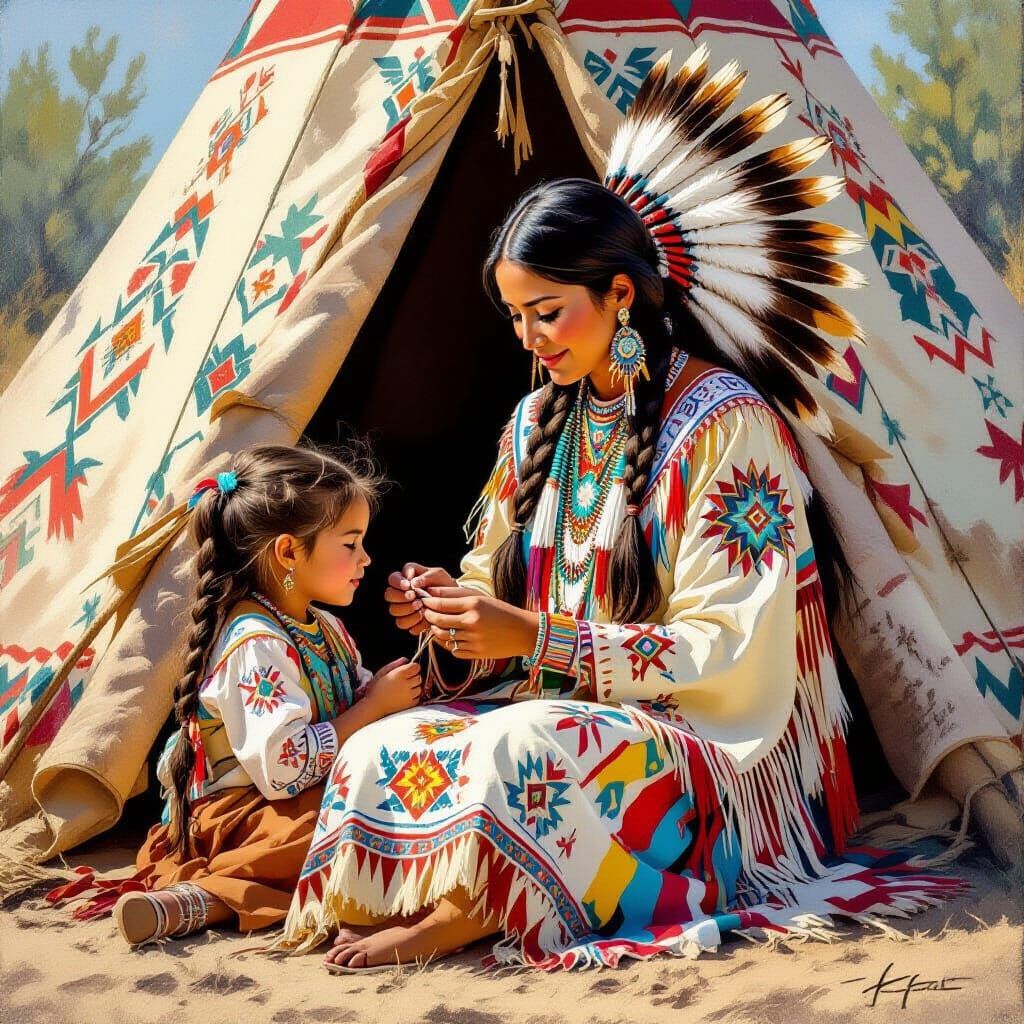 Native American Mother Braids Daughter's Hair Outside Teepee