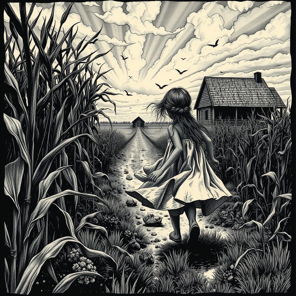 Girl in Cornfield: Disturbing Woodcut Print