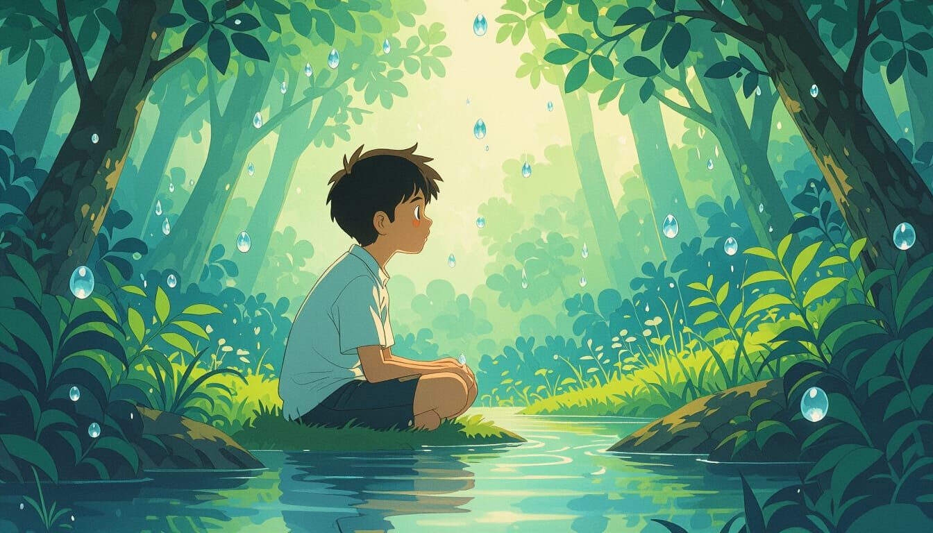 Dreamy Boy in Forest with Water Droplets, Anime Style