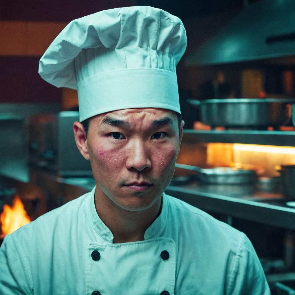 Chef Portrait in Busy Restaurant, Cinematic Film Still