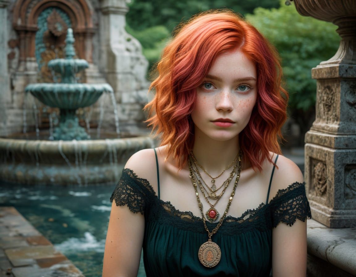 Ethereal Baroque Beauty Beside Worn Fountain