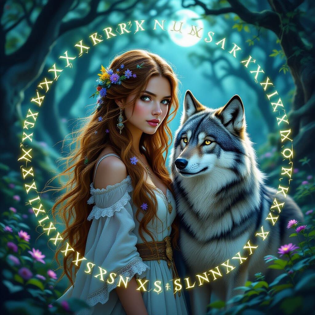 Woman and Wolf in Moonlit Forest, Fantasy Art