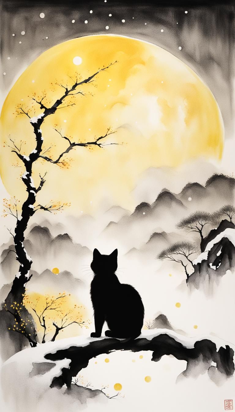 Minimalist Kitten Gazing at Moon in Ink Painting