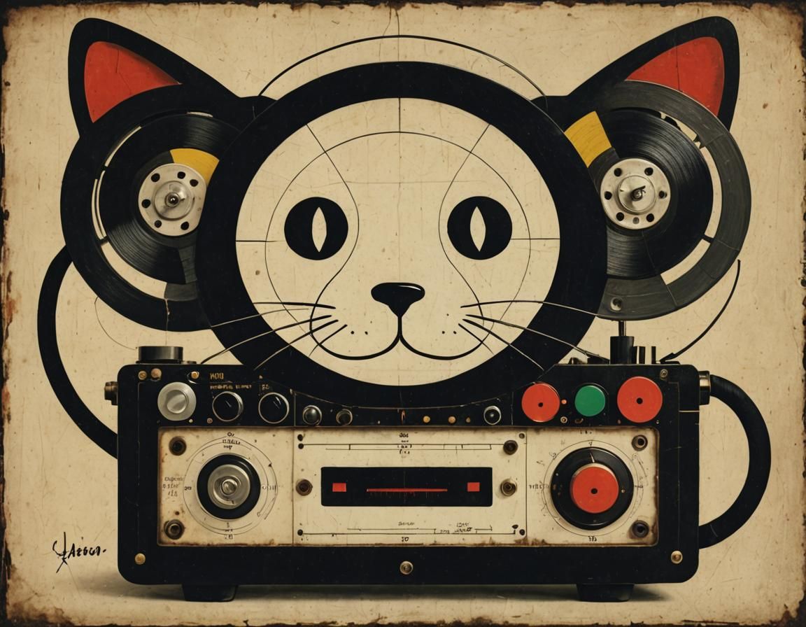 Cartoon Cat Tape Player in Surreal Art Deco Style