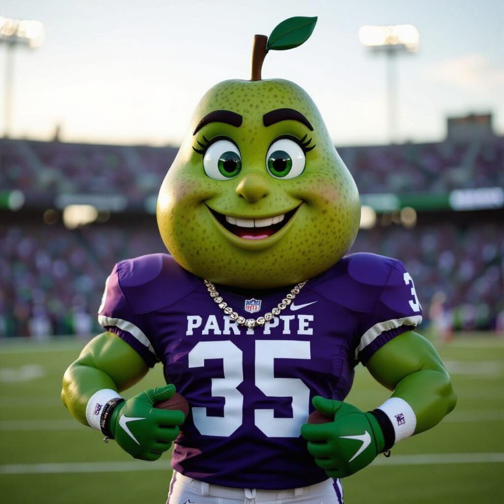 Athletic Pear Mascot in Purple, Green, and White