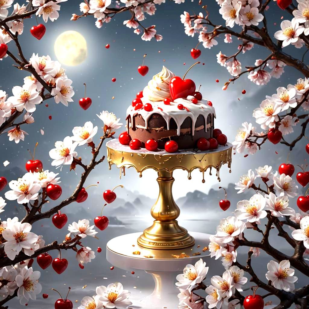 Stunning Cherry Cake with Blossoms in Moonlit View