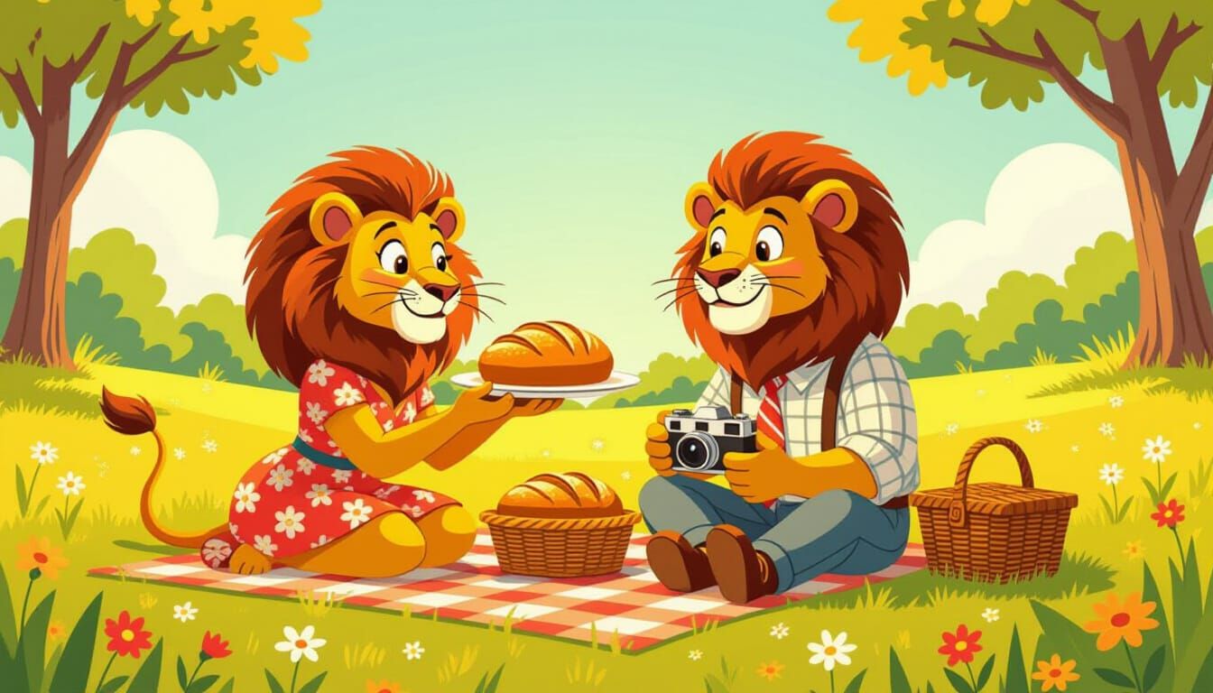 Lion Family Picnic in 1950s Style