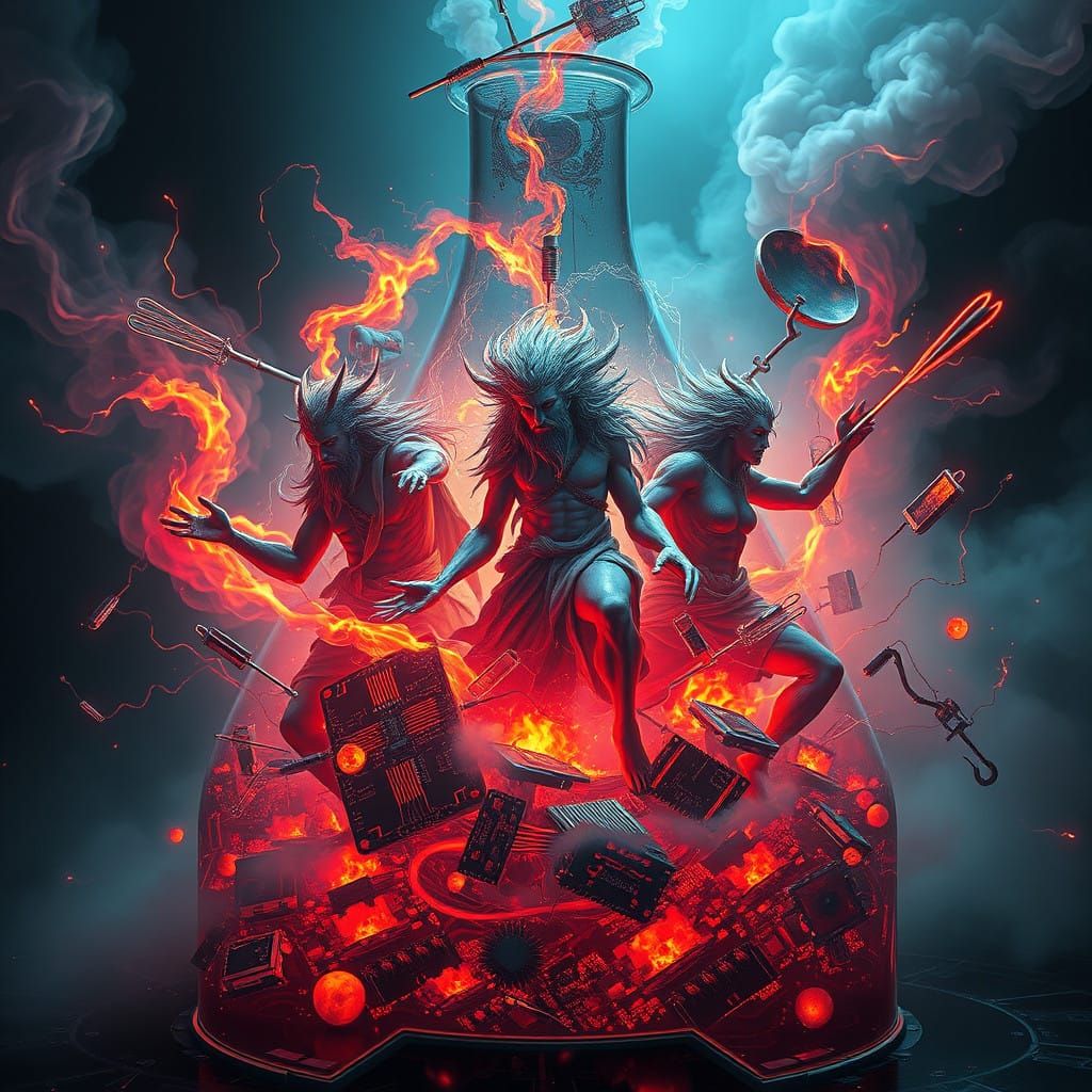 Cyberpunk Olympians in a Futuristic Beaker Realm