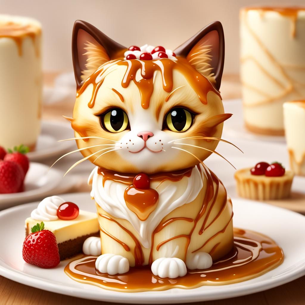 Adorable Cheesecake Cat with Caramel Drizzle