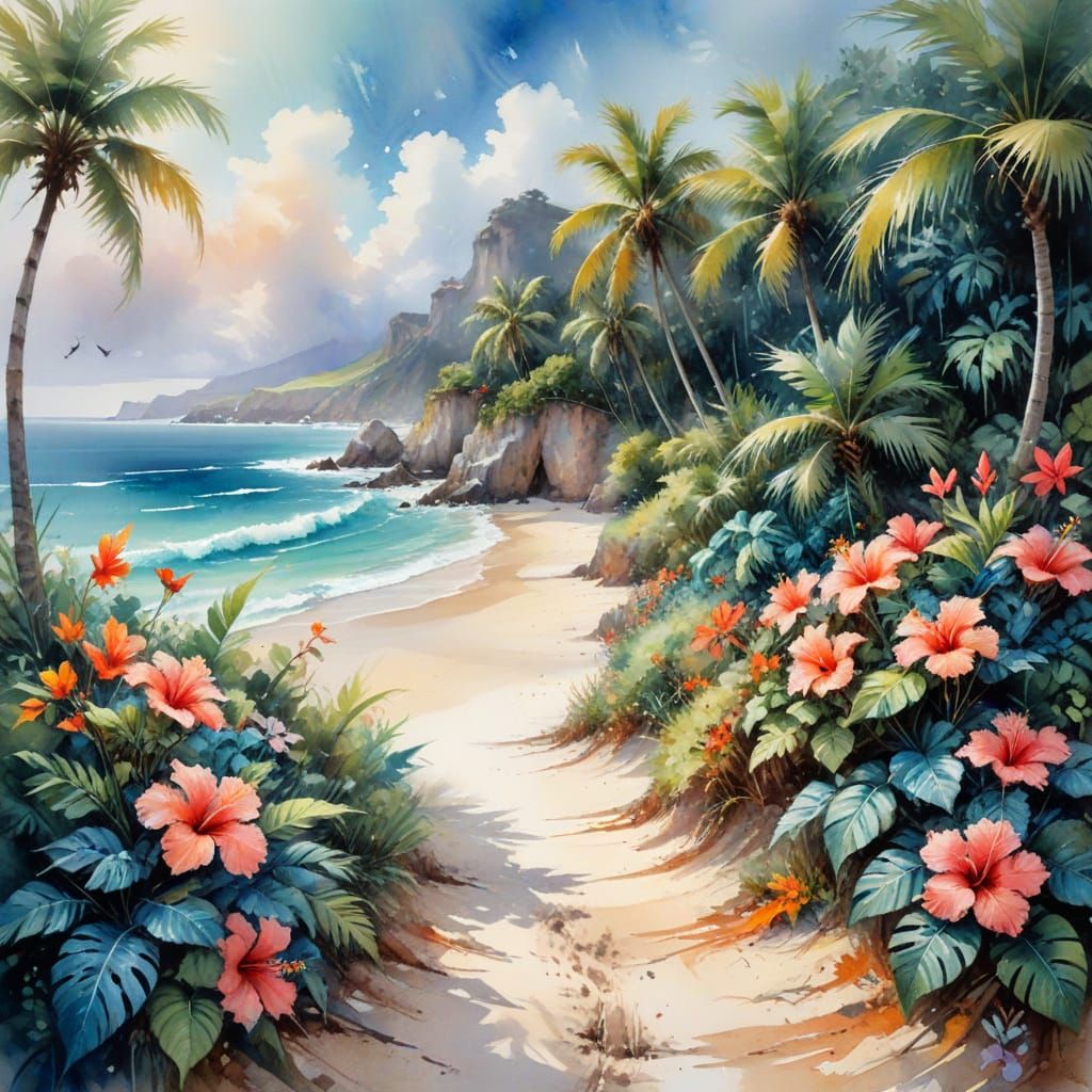 Caribbean Beach Path in Expressive Watercolor Style