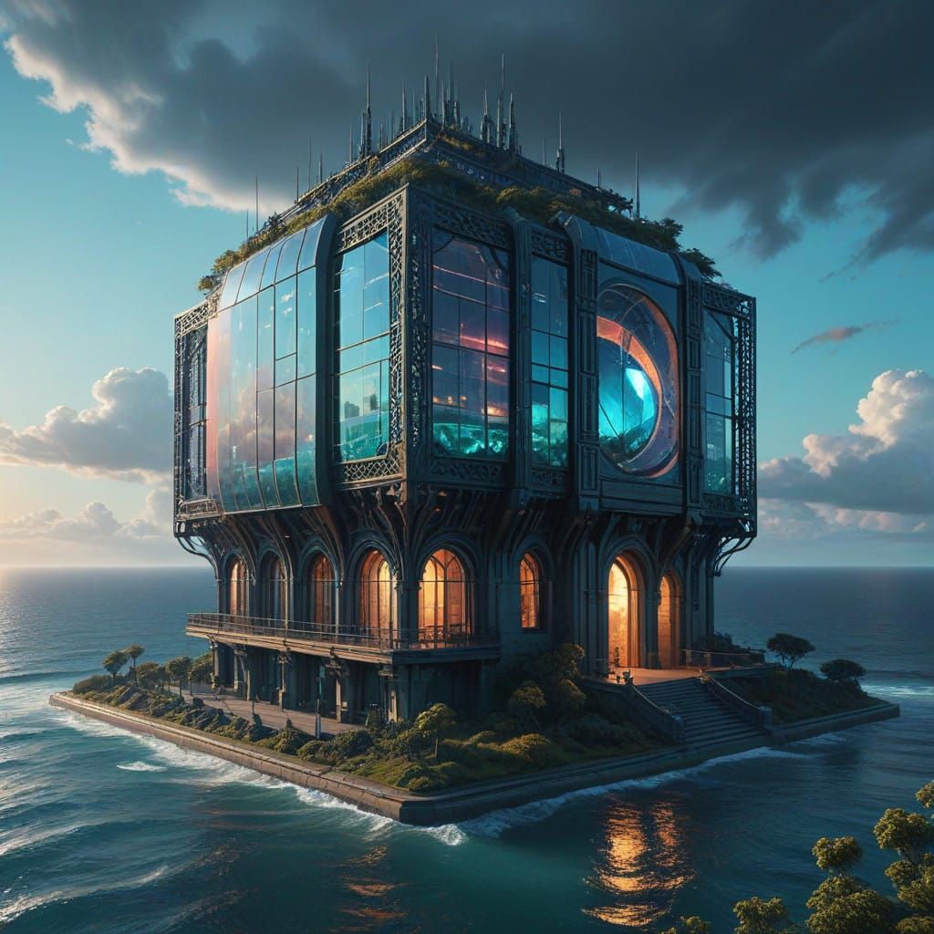 Luminescent Metallic Cubes Amidst Oceanic Paradise in Futuri...