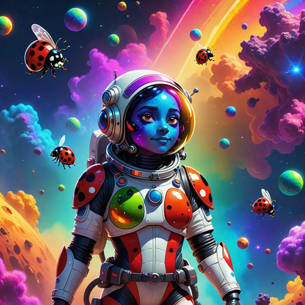 Heroic Ladybug Astronaut in Rainbow Nebula