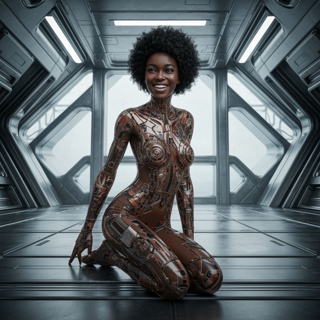 Beautiful Woman in Abstract Outfit, Sci-Fi Interior