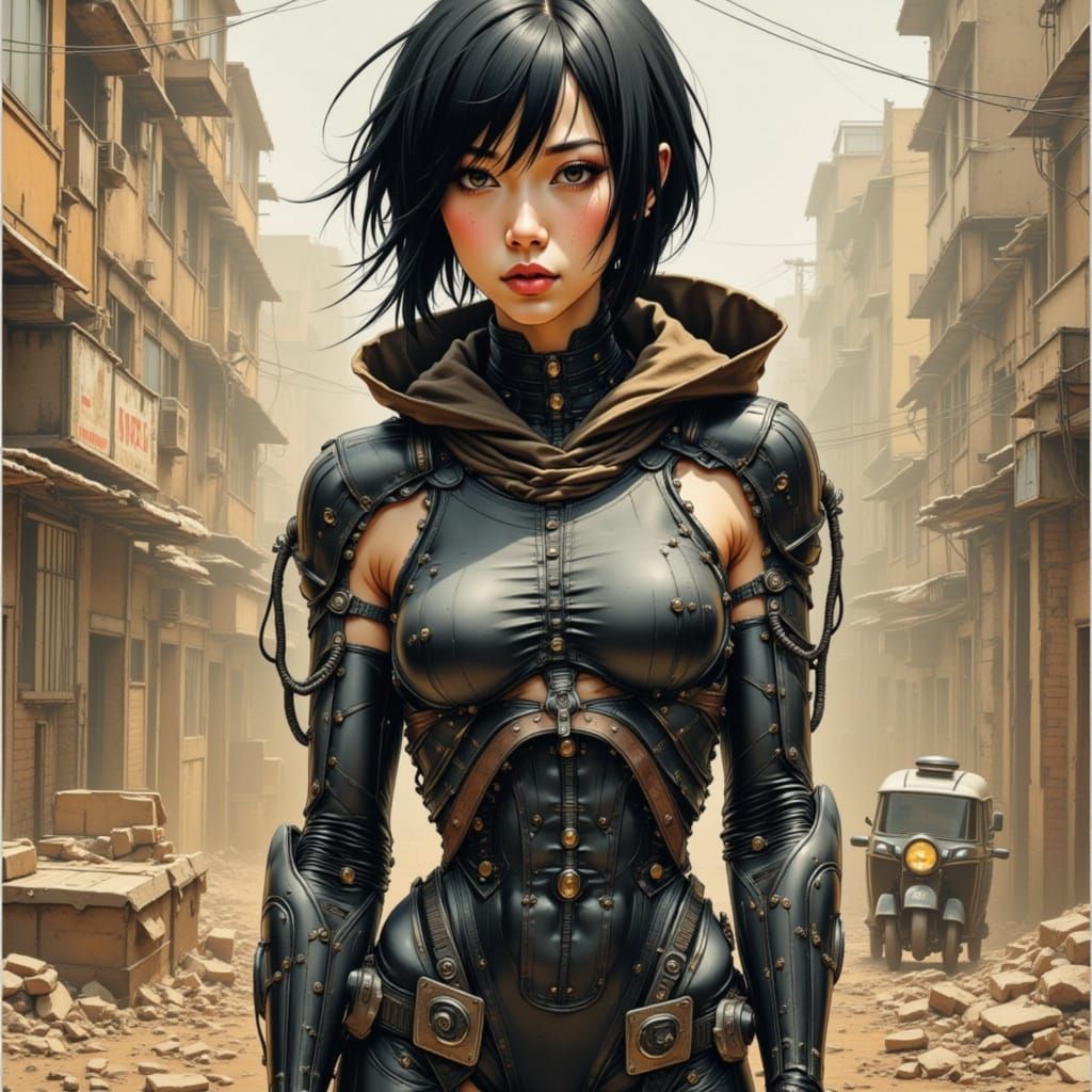 Asian Cyborg Girl in Ruined City, Cinematic Anime Art