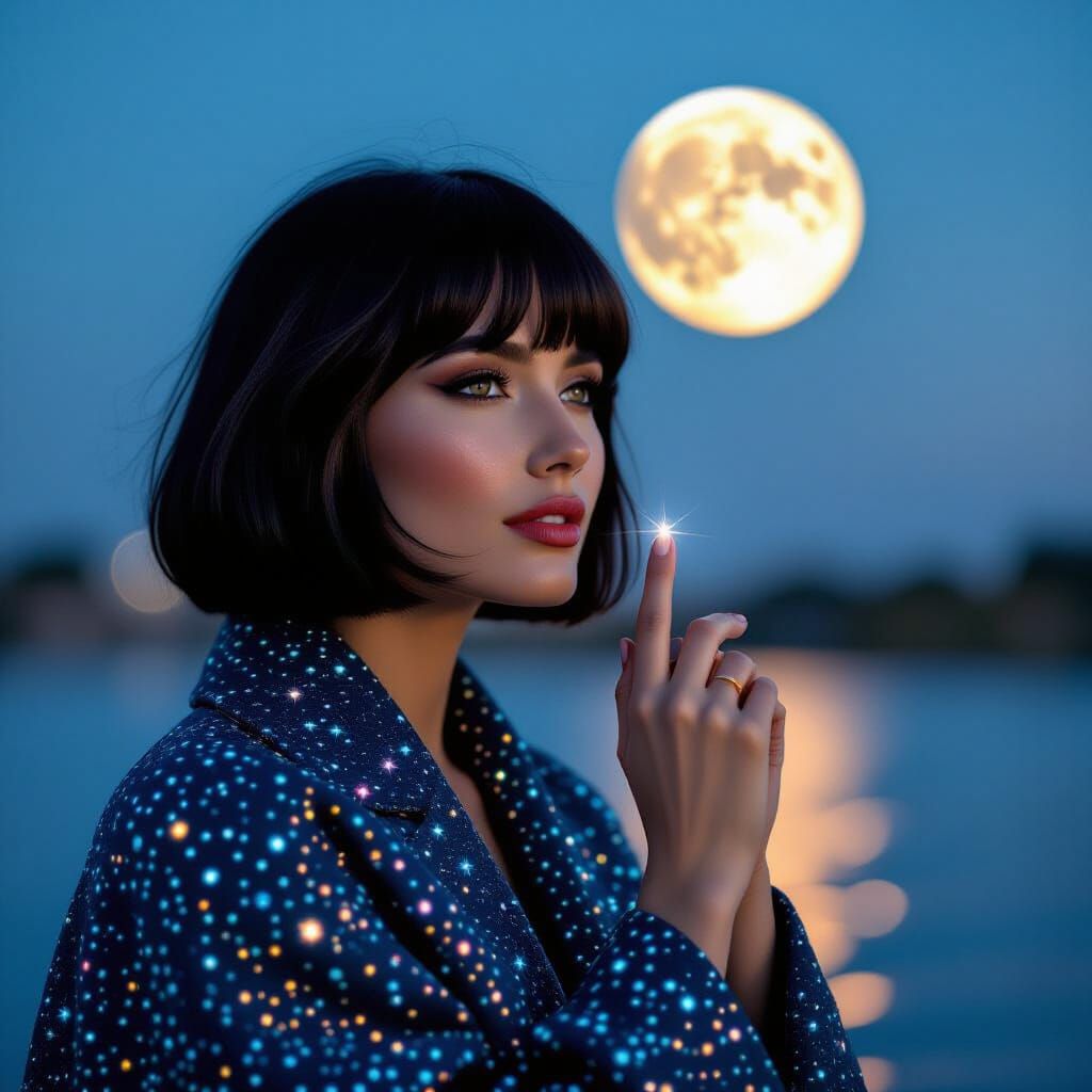 Striking Night Portrait with Star Mantle and Full Moon
