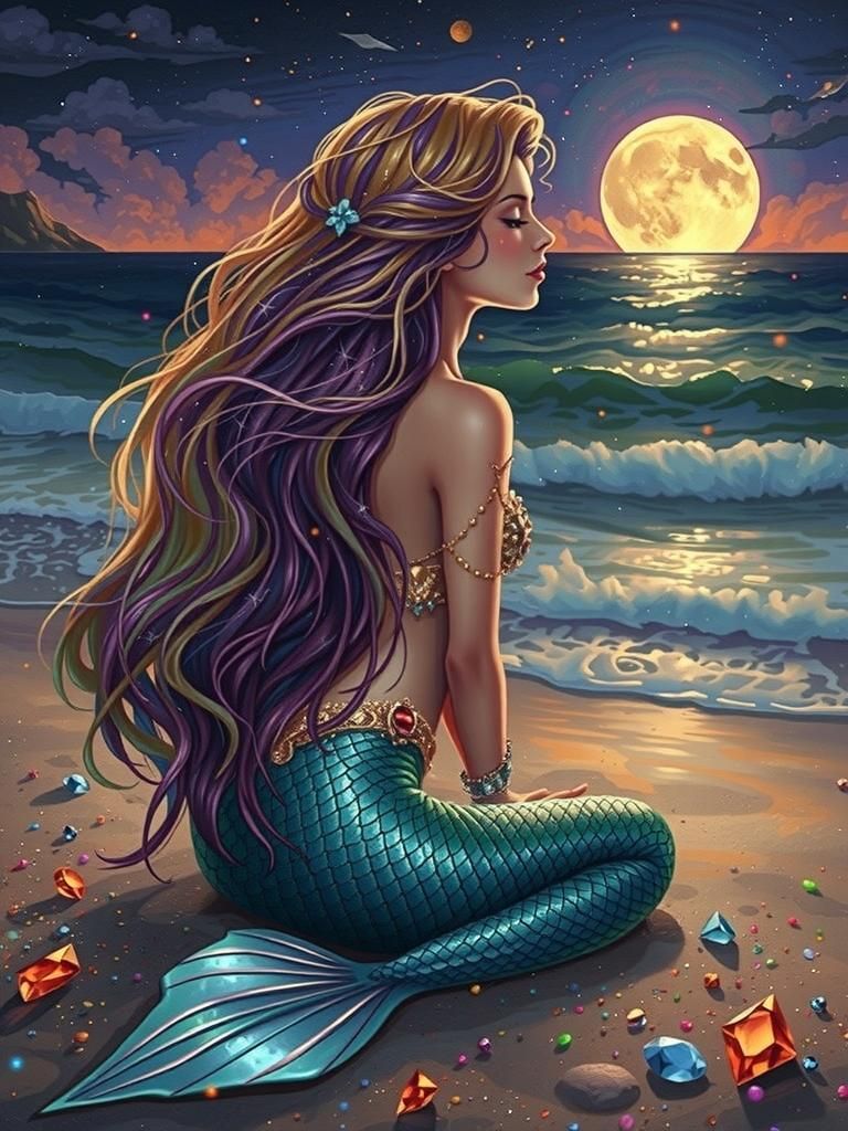 Mystical Mermaid on Moonlit Beach in Digital Art Style