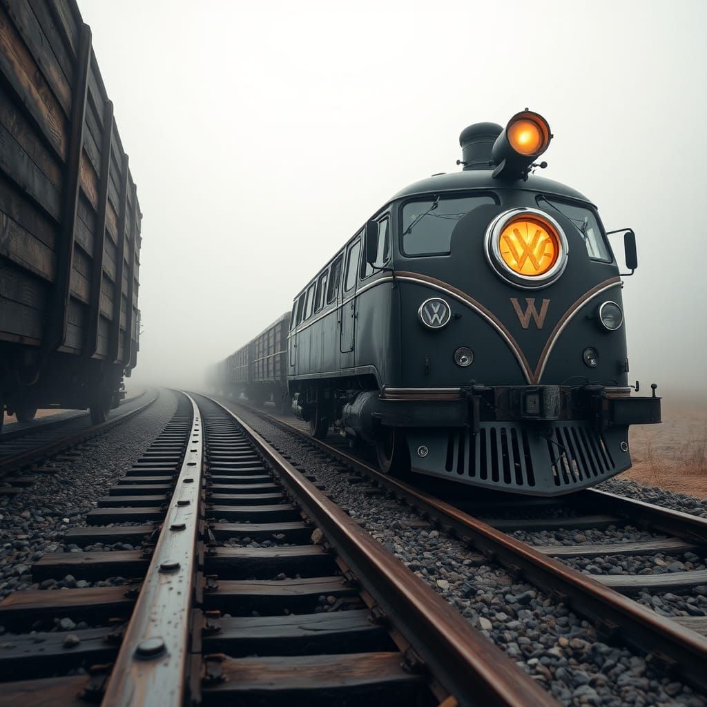 Steampunk Volkswagen Locomotive on Misty Tracks