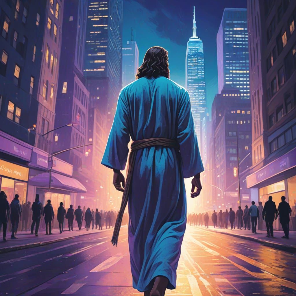 Jesus Walks Among Skyscrapers: Hand-Drawn Illustration