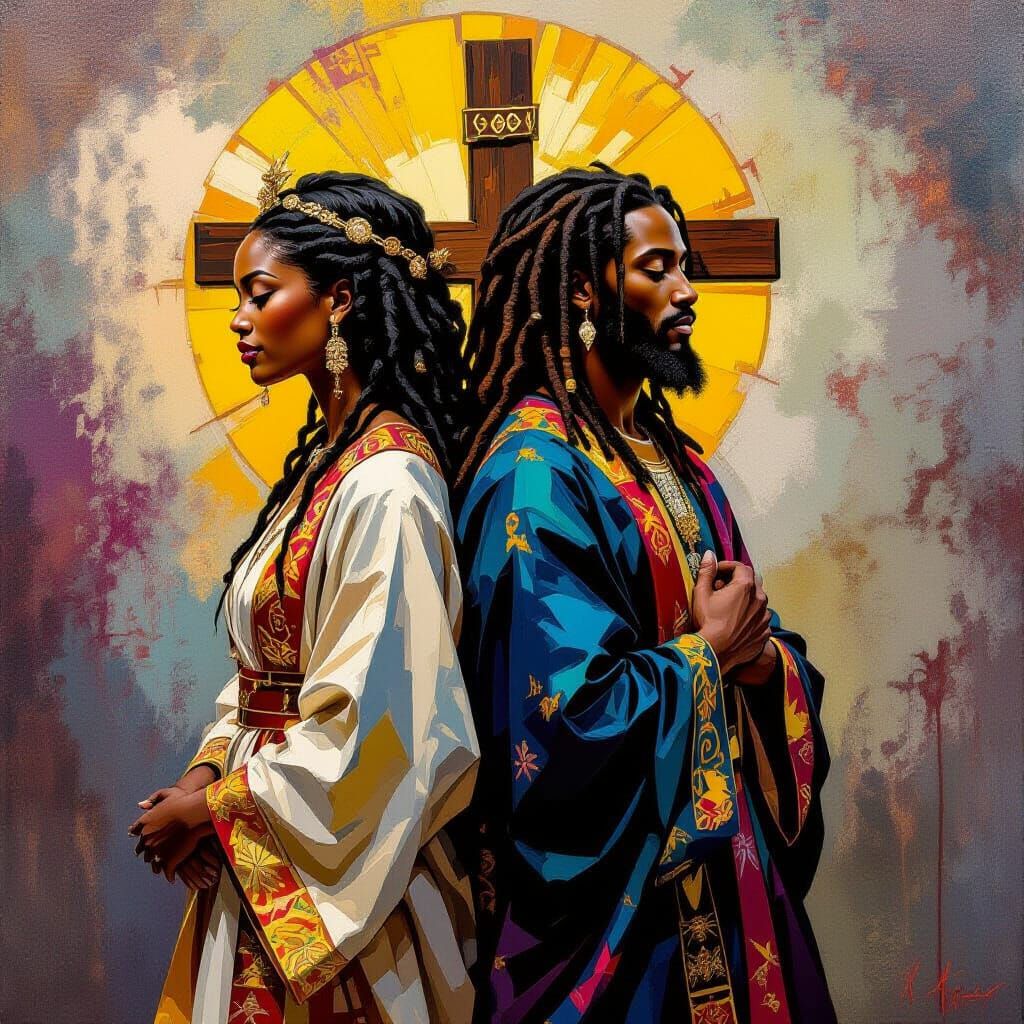 Black Woman and Jesus with Cross, Abstract Art