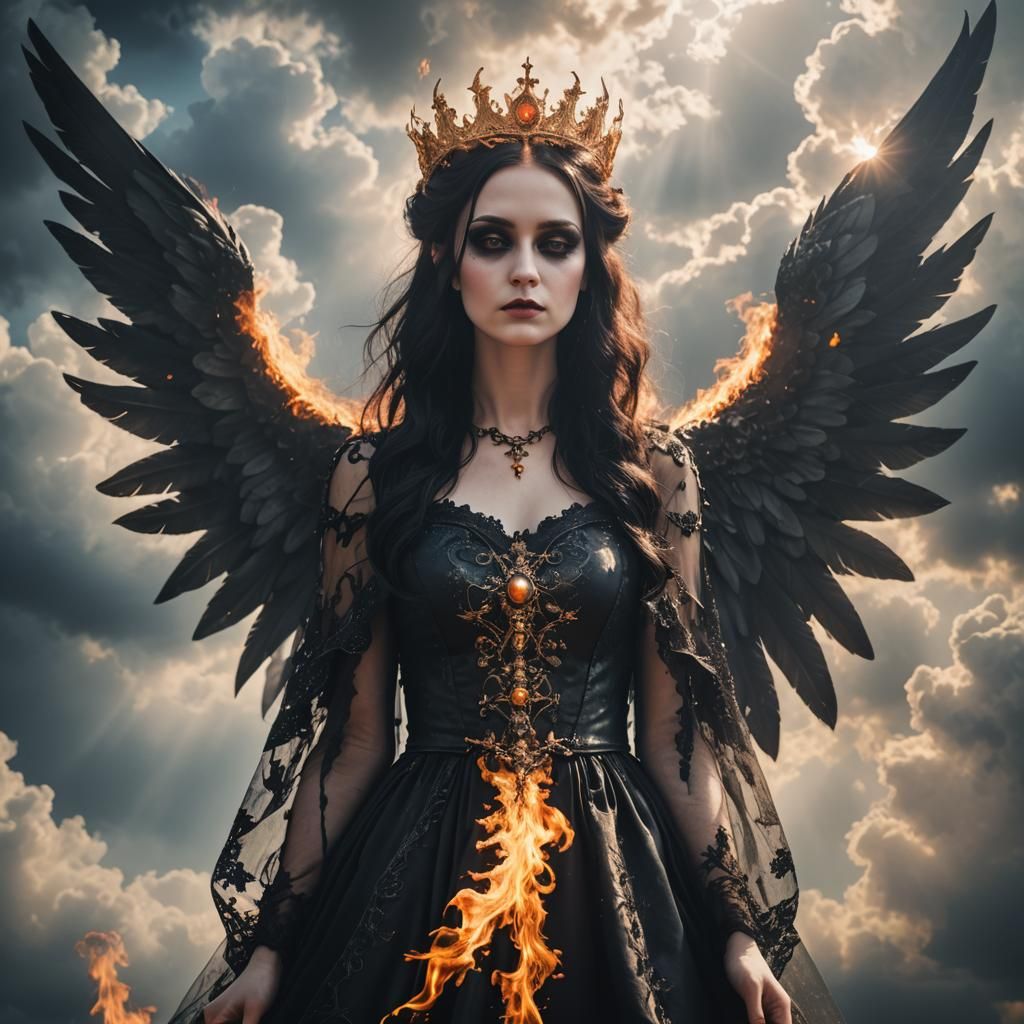 Gothic Fire Queen with Wings in Divine Light