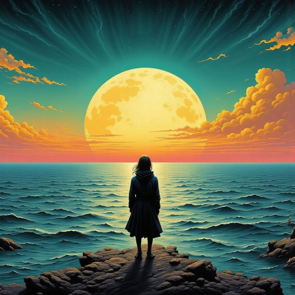 Moon Rising Over Calm Seascape Horizon