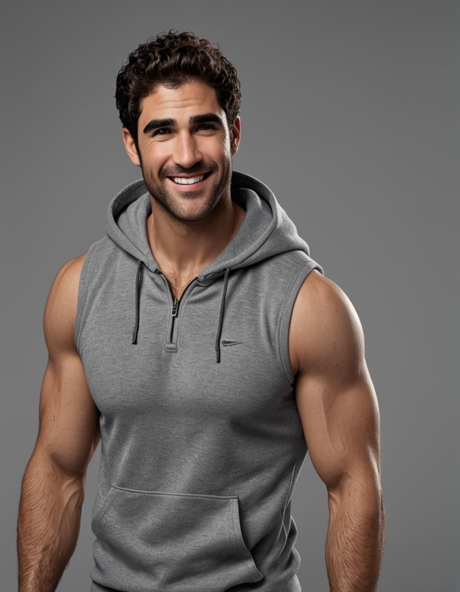 Hyper-Realistic Muscular Man in Grey Hoodie