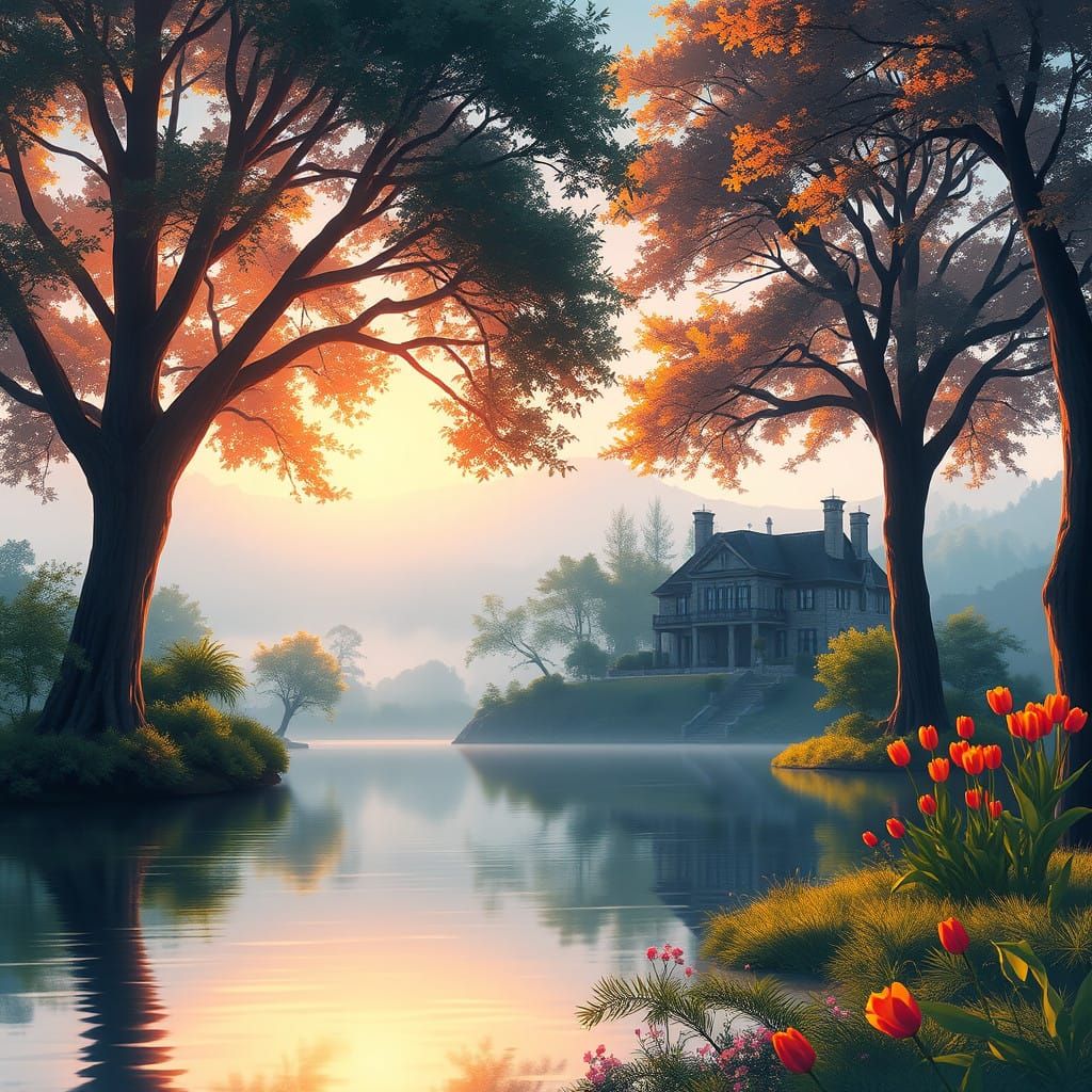 Sunrise Over Tranquil Lake in Anime Style