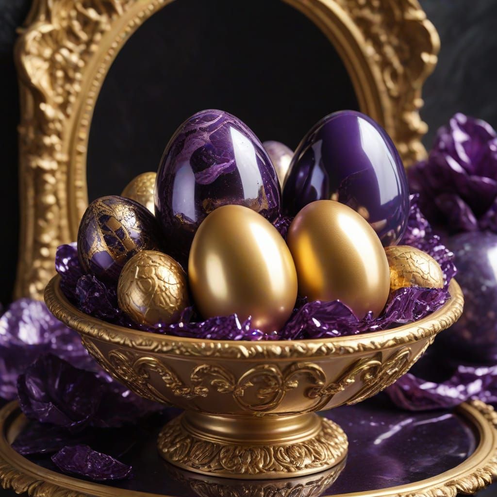 Gold Chocolate eggs in gold and purple shiny foils, in a large purple emerald bowl in geode shape