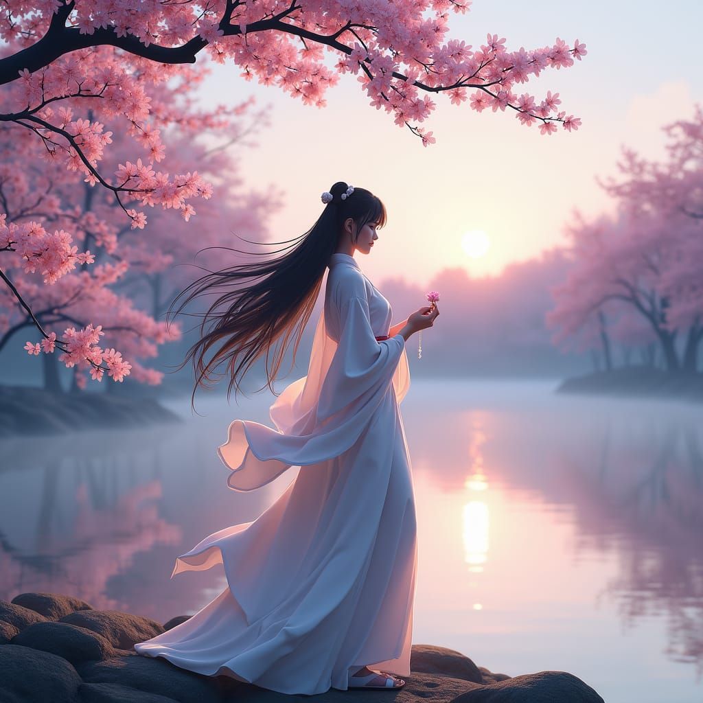 Tranquil Woman in Kimono with Cherry Blossoms