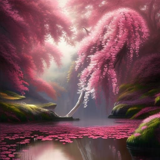 Gothic Water Garden in Crimson Sakura Forest