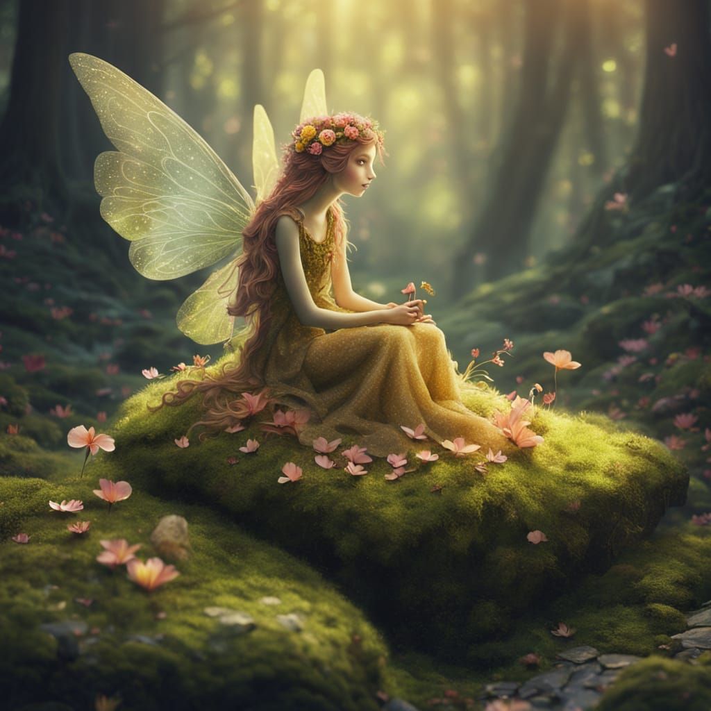 Solitary Fairy with Damaged Wing in Folk Art Style