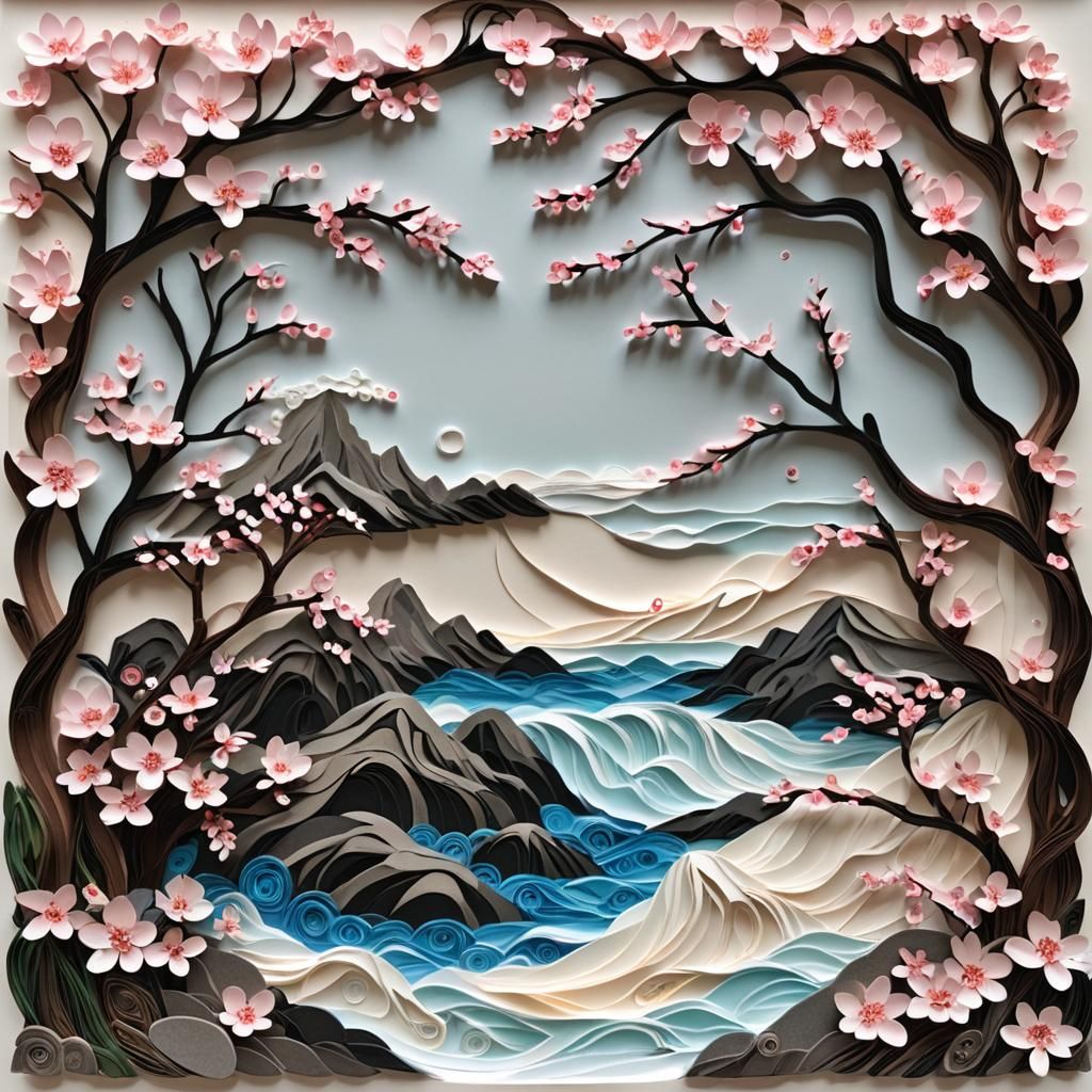 Paper Quilling Art of Waves and Cherry Blossoms