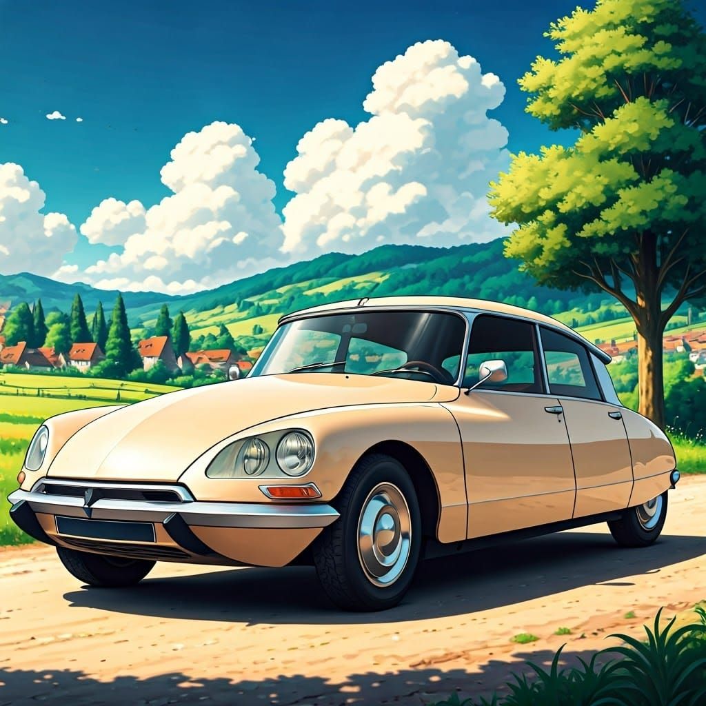 Anime Citroën DS in a Sunlit Countryside