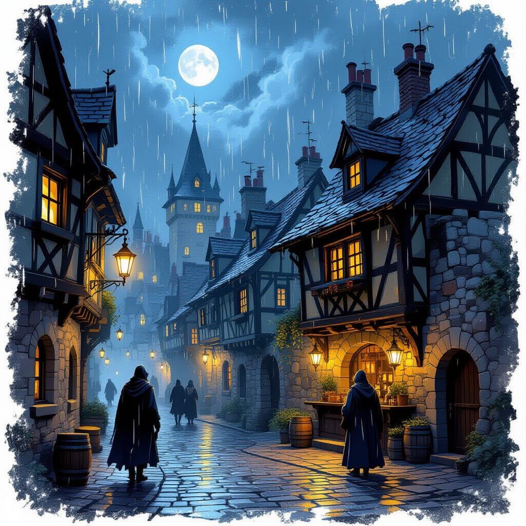 Rainy Medieval City Night with Lanterns and Tavern