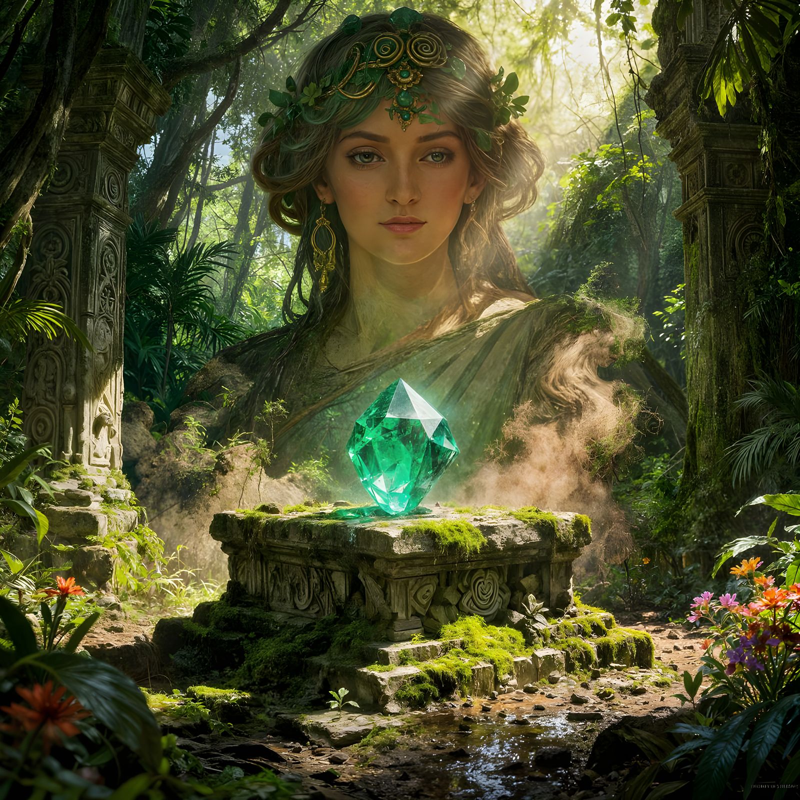 Glowing Emerald Gem in Ancient Jungle Temple