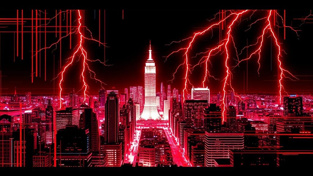 Glitch Art Cityscape with Red Lightning
