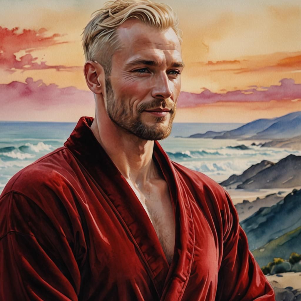 Handsome Blond Man in Red Velvet Bathrobe, Impasto Painting