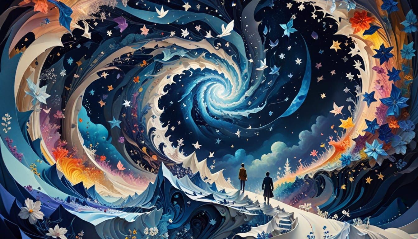 Surreal Origami Realms with Ethereal Star Beings